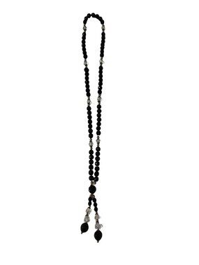 Black Beaded Lariat Necklace 24” Long Glass Crystal Tassel Drop Gold Tone